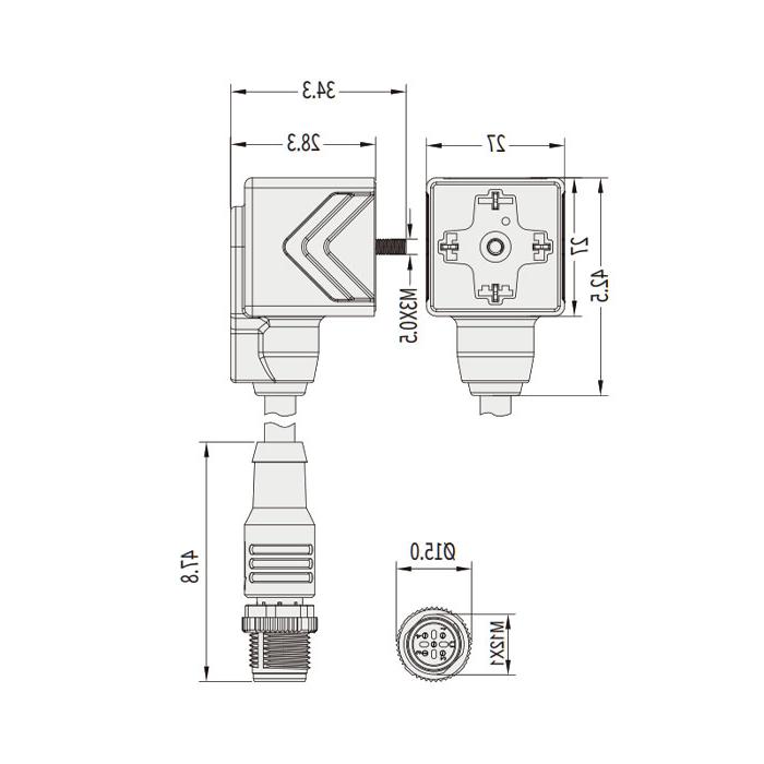 Valve plug Type A, DIN, 18mm, 4Pin/M12 straight male, double end pre-cast PVC non-flexible cable, grey sheathed, 6VA043-XXX